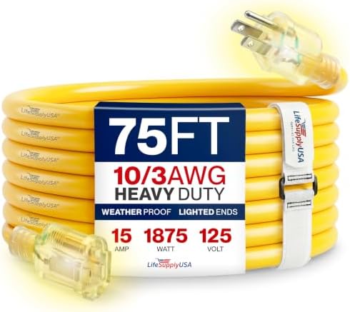 75ft Outdoor/Indoor Extension Cord 10/3 Gauge Ultra Heavy Duty 3 Prong SJTW, Waterproof, Flexible Cold-Resistant Long Power Cord,15A 125V 1875W, Yellow by LifeSupplyUSA