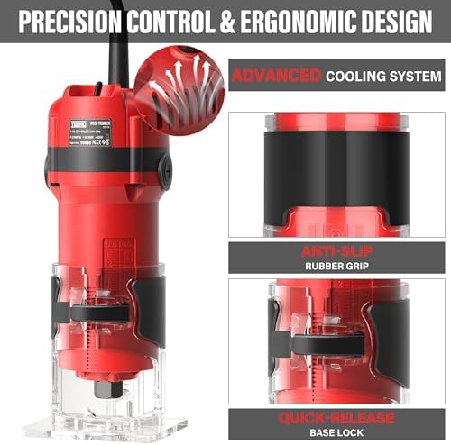TEENO Wood Router, 800W Compact Router Tools for Woodworking, 31000 RPM Hand Trim Router with 15 Pcs 1/4" Router Bits Set, Edge Guide, Roller Guide, Dust Hood