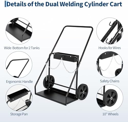 Welding Cylinder Cart, Dual Cylinder Cart with Safety Chains and 10" Wheels,440 Lb Weight Capacity