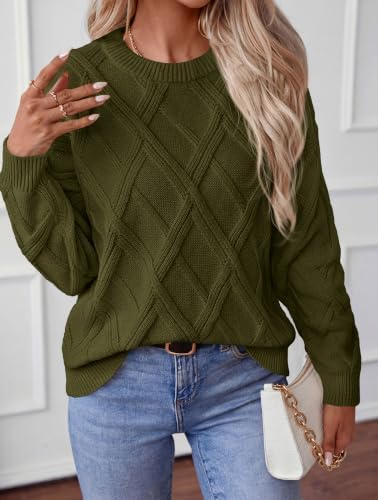 Okiwam Women's Long Sleeve Sweaters Crewneck Cable Knit Pullover