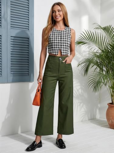 MOHHOM Women’s High Waisted Wide Leg Cropped Pants Stretchy Business Casual Work Pants with Pockets
