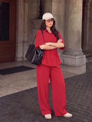 Two Piece Sets for Women Dressy Shirt Top Flared Pants Business Pantsuits