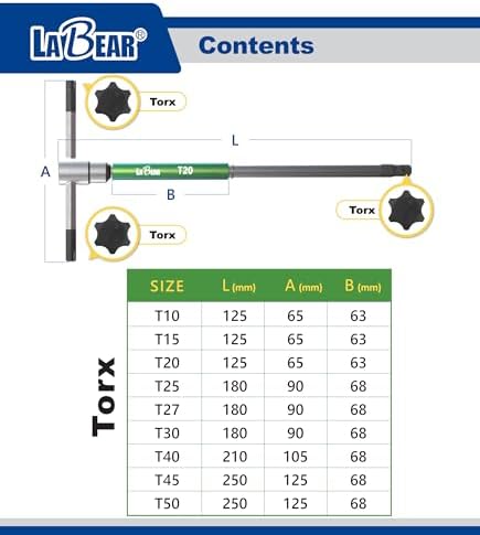 LABEAR 6-Piece Torx T-Handle Wrench Set with Spinner Sleeve & Pouch | T10, T15, T20, T25, T30, T40, 3 spring-lock positions, CR-V steel, dual-end design, 360° spinner sleeve