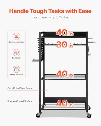 VEVOR 4-Tier Tool Organizer Cart, 150 lbs Load Capacity, Floor Stand Rolling Drill Holder and Stability Storage Rack, Heavy Duty Garage Floor Rolling Storage Cart for Workshop, Garage, Black