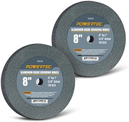POWERTEC Bench Grinder Wheel 8 Inch 36 Grit, Aluminum Oxide Grinding Wheel for Bench Pedestal Grinder, 1" Thick 5/8" Arbor, Sharpening & Shaping Drill Bits, Blade, and Chisel 2PK (15516-P2)