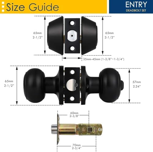 3 Pack Keyed Alike Entry Door Knobs and Double Cylinder Deadbolt Lock Combo Set, Matte Black Finished Door Lock Set, Round Style Door Knobs Deadbolt