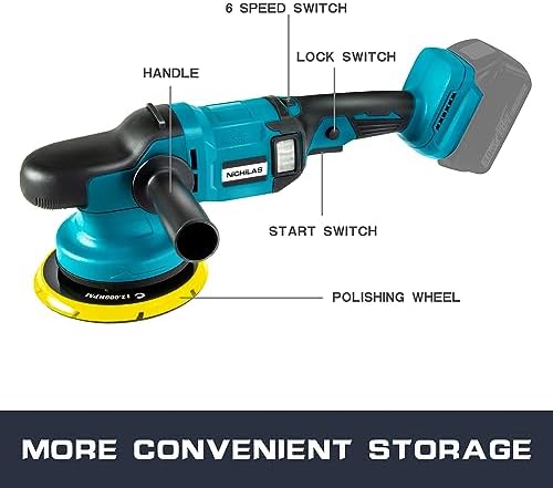 Nichilas Cordless Car Polisher, 6 speeds Brushless Motor Handle Car Waxer with 150mm Work Disk, Compatible with MAKITA 18V Batteries (Battery Not Included)