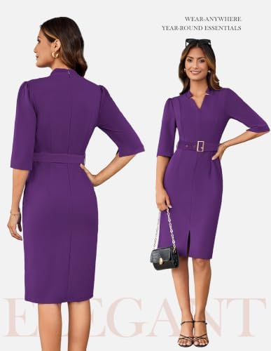 GRACE KARIN Women's Work Dress 3/4 Sleeve V Neck Bodycon Dress with Belt
