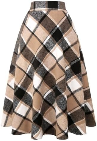 IDEALSANXUN Womens Plaid Wool Skirts Elastic Waist A-Line Pleated Tartan Long Skirts