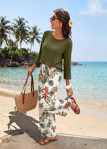 WIHOLL Two Piece Sets for Women Lounge 3/4 Length Sleeve Womens Tops Graphic Pants with Pockets Summer Outfits 2026