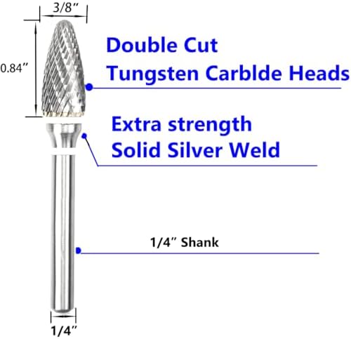 Carbide Burr Set 1/4" Shank SF-3 Die Grinder Bits Tungsten Double Cut Burr Bits (3/8" Cutter Dia X 0.84" Cutter Length) for Die Grinder Kits Metal Grinding Drilling Polishing (1pcs)