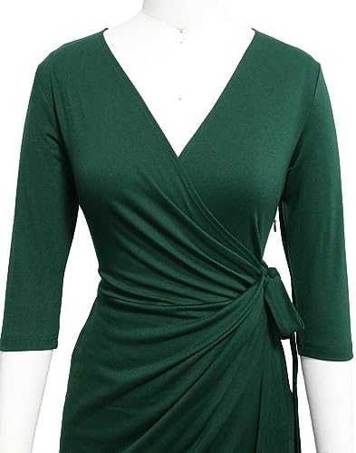 Berydress Women's 3/4 Sleeve V Neck Casual Party Work Faux Black Wrap Dress