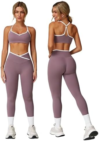 ABOCIW Workout Sets for Women 2 Piece Color Block Strappy Sports Bra High Waist Shorts Gym Yoga Pilates Outfits