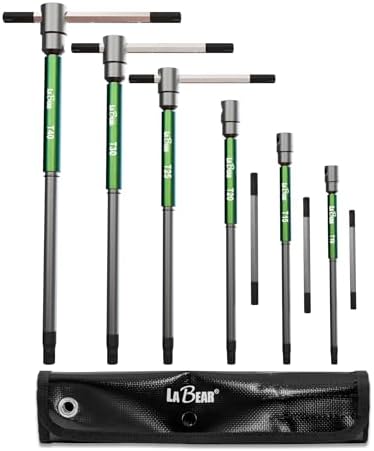LABEAR 6-Piece Torx T-Handle Wrench Set with Spinner Sleeve & Pouch | T10, T15, T20, T25, T30, T40, 3 spring-lock positions, CR-V steel, dual-end design, 360° spinner sleeve