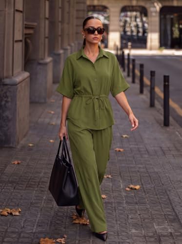 Two Piece Sets for Women Dressy Shirt Top Flared Pants Business Pantsuits