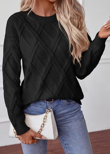 Okiwam Women's Long Sleeve Sweaters Crewneck Cable Knit Pullover
