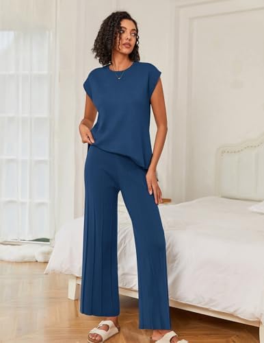 Ekouaer Lounge Sets for Women Two Piece Outfits Knit Cap Sleeve Tops Wide Leg Pleated Pants Casual Dressy Sweater Sets