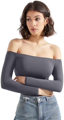 SUUKSESS Women Off Shoulder Long Sleeve Bodysuits Double Lined Basic Tops