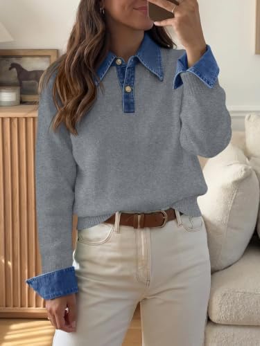 Saodimallsu Womens Denim Patchwork Sweaters V Neck Polo Pullover Tops