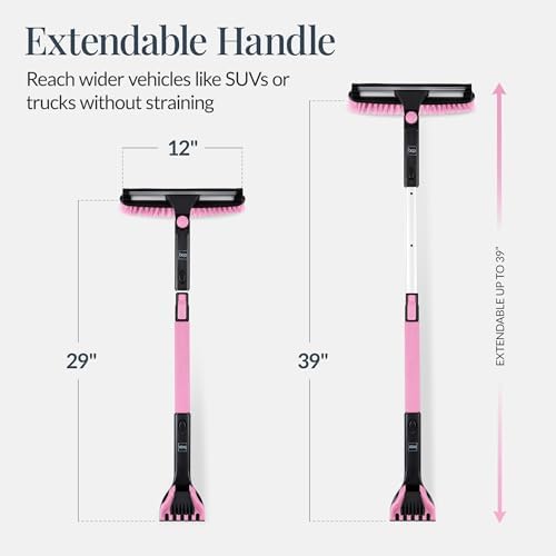 Best Choice Products Snow Brush with Squeegee & Ice Scraper, Up to 39" Extendable Foam Grip, 270° Pivoting Snow Brush for Car Truck SUV, Storage Bag Included - Pink
