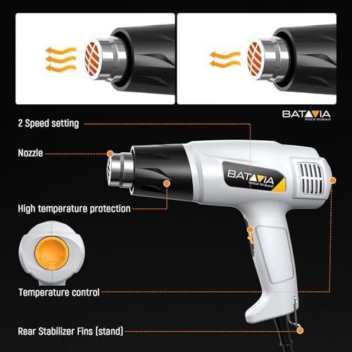 BATAVIA 1800W Heat Gun Variable Temp 122℉-1202℉ for Crafts, Vinyl Wrap