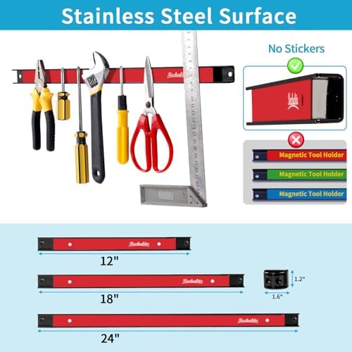4 Pieces 12" Magnetic Tool Holder Strip, Red Magnet Bar, Metal Tool Organizer Rack for Garage Organization, Easy To Install in Workshop, Mounting Screws Included