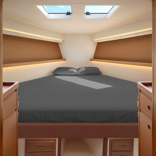 JS Sanders V Berth Boat Sheet 1 Pcs 600 TC Egyptian Cotton, Dark Grey Stripe
