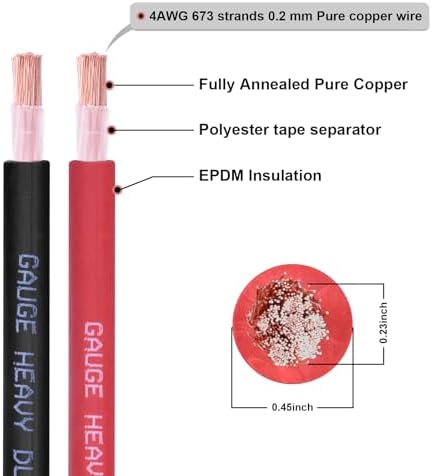 4 Gauge Battery Cable, 20FT Red + 20FT Black 4 AWG Pure Copper Wire Welding Cable, for Automotive, Battery, Solar and Generator, Standard USA OFC Wire
