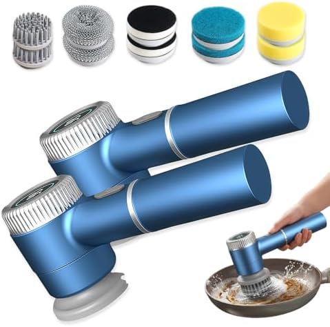Electric Spin Scrubber, Cordless Shower Scrubber with Digital Display, 3 Speed Power Cleaning Brush with 5 Replaceable Heads, Ideal for Bathroom Tile Tub Sink Floor (Blue-2PCS)