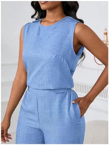 Floerns Women's 2 Piece Sets Dressy Outfits Bussiness casual Crew Neck Sleeveless Blouse and Elegant Pants Set