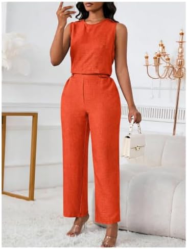 Floerns Women's 2 Piece Sets Dressy Outfits Bussiness casual Crew Neck Sleeveless Blouse and Elegant Pants Set