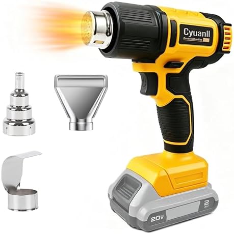 Cordless Heat Gun for Dewalt 20V Battery, 350W Fast Heating Hot Air Gun, LCD Display 2 Temp 120℉-1110℉, 3 Nozzles Portable Gun for Shrink Tubing, Paint Removal, Soldering DIY, Tool Only