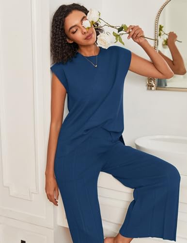 Ekouaer Lounge Sets for Women Two Piece Outfits Knit Cap Sleeve Tops Wide Leg Pleated Pants Casual Dressy Sweater Sets