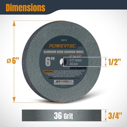 POWERTEC Bench Grinder Wheel 6 Inch 36 Grit, Aluminum Oxide Grinding Wheel for Bench Pedestal Grinder, 3/4" Thick 1/2" Arbor, Sharpening & Shaping Drill Bits, Blade, and Chisel 2PK (15514-P2)