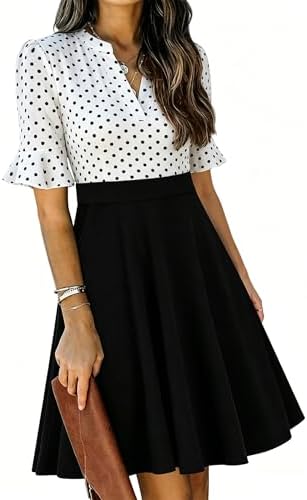 Mokayee Womens Summer V Neck Ruffle Short Sleeve Fit and Flare Knee Length Church Wedding Guest Dresses with Pockets