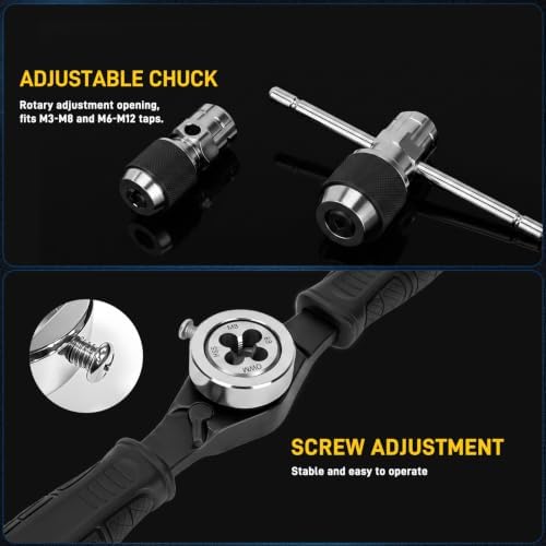 YIYEIE 8PC Ratcheting Tap Handle, 2-IN-1 Extendable Tap Wrench & Die Handle | Adjustable Tap and Die Handle Tool, T Handle Ratchet Die Wrench Fits Round & Hexagonal Die, M3-M12 Tap Holder, Thread Gauges