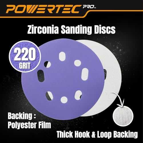 POWERTEC PRO 50PK, 5 Inch Sanding Discs Hook and Loop, 220 Grit, Zirconia Orbital Sander Sandpaper for 5 & 8 Hole Random Orbital Sanders - Automotive, Paint, Metal, Woodworking (45322Z-50)
