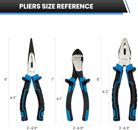 3 Pieces Plier Set, 8" Needle Nose Pliers, 8" Linesman Pliers and 7" Diagonal Cutting Pliers, Premium High Carbon Construction for Cutting, Plumbing, and General Applications Multi-use Tools