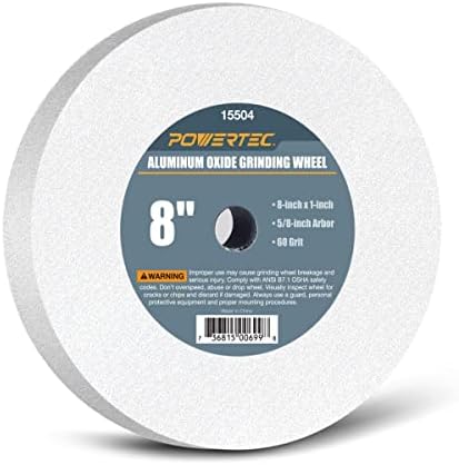 POWERTEC Bench Grinder Wheel 8 Inch 60 Grit, White Aluminum Oxide Grinding Wheel for Bench Pedestal Grinder, 1" Thick 5/8" Arbor, Sharpening & Shaping Drill Bits, Blade, and Chisel 1PK (15504)