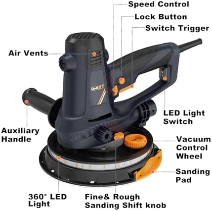 MAXXT Handheld Drywall Sander 810W, Electric Sander for Walls,Rough and fine Sanding, 1500-2800RPM Variable Speed, Upgraded Pad, Adjustable Suction, Self-Dust-Extraction (120, Volts)