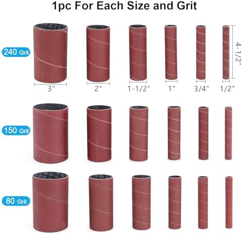 19 Pack Spindle Sander Sleeves with Sandpaper Cleaning Stick - Eraser, 4-1/2’’ Length, 1/2’’, 3/4’’, 1’’, 1-1/2’’, 2’’, 3’’ Diameter Sanding Sleeves Set, Grit 80, 150, 240,for Spindle Drum Sanders