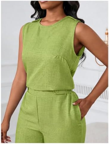 Floerns Women's 2 Piece Sets Dressy Outfits Bussiness casual Crew Neck Sleeveless Blouse and Elegant Pants Set