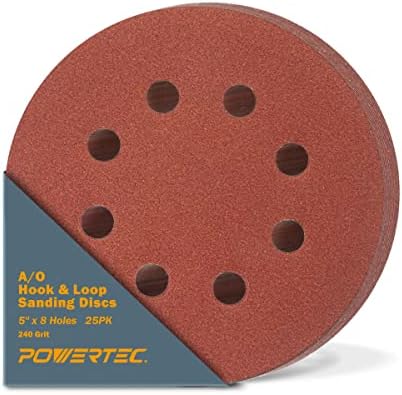 POWERTEC 25PK, 240 Grits, Sanding Discs 5 Inch - Hook and Loop, 5 Inch 8 Hole Aluminum Oxide Sandpaper Discs, Woodworking Sanding Pads for Random Orbital, Palm, Air, DA & Pneumatic Sander (45024)