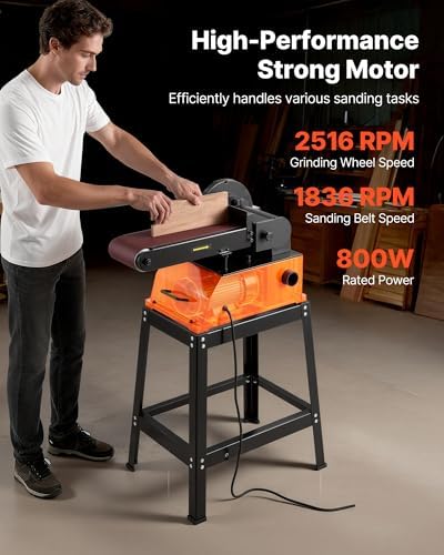 VEVOR Professional Belt Sander with Stand, 9" Disc & 6" x 48" Belt Sander Combo, 800W Sanding Machine with 0-45° Adjustable Worktable for Woodworking, Furniture Refinishing, Knife Sharpening