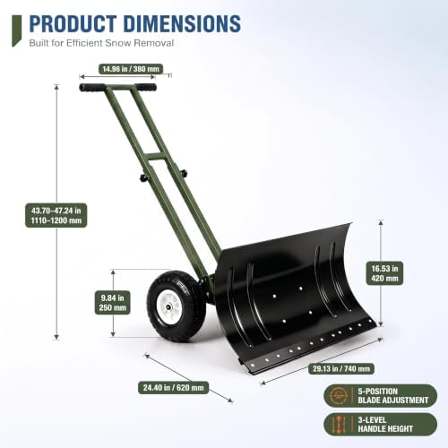 GarveeLife Wheeled Snow Shovel - 29in Steel Blade, 10in Wheels Army Green