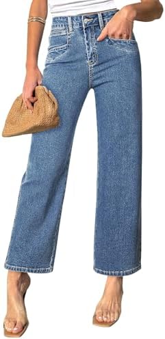 Sidefeel Women's Straight Leg Jeans High Waisted Stretchy Jeans Zimbaplatinum Wide Leg Ankle Denim Pants with Pockets