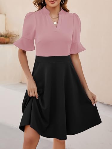 Mokayee Womens Summer V Neck Ruffle Short Sleeve Fit and Flare Knee Length Church Wedding Guest Dresses with Pockets