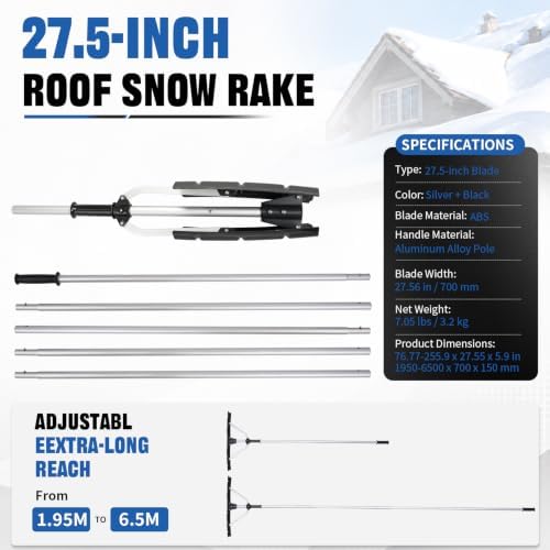 Outvita Foldable 21.3FT Snow Roof Rake, 27.5 in Blade, Black