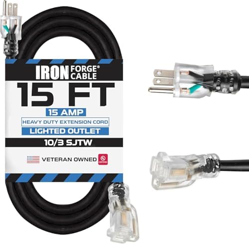 Iron Forge Cable 10 Gauge Extension Cord Heavy Duty, 15 Ft - Black SJTW