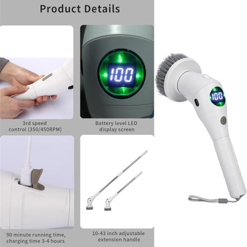 Taoke Electric Scrubber Brushes, 8 Replaceable Cleaning Heads & Adjustable Handle, 3 Speeds, with Night Light and LED Display, Bathroom Grout Floor Wall Sink Scrubber